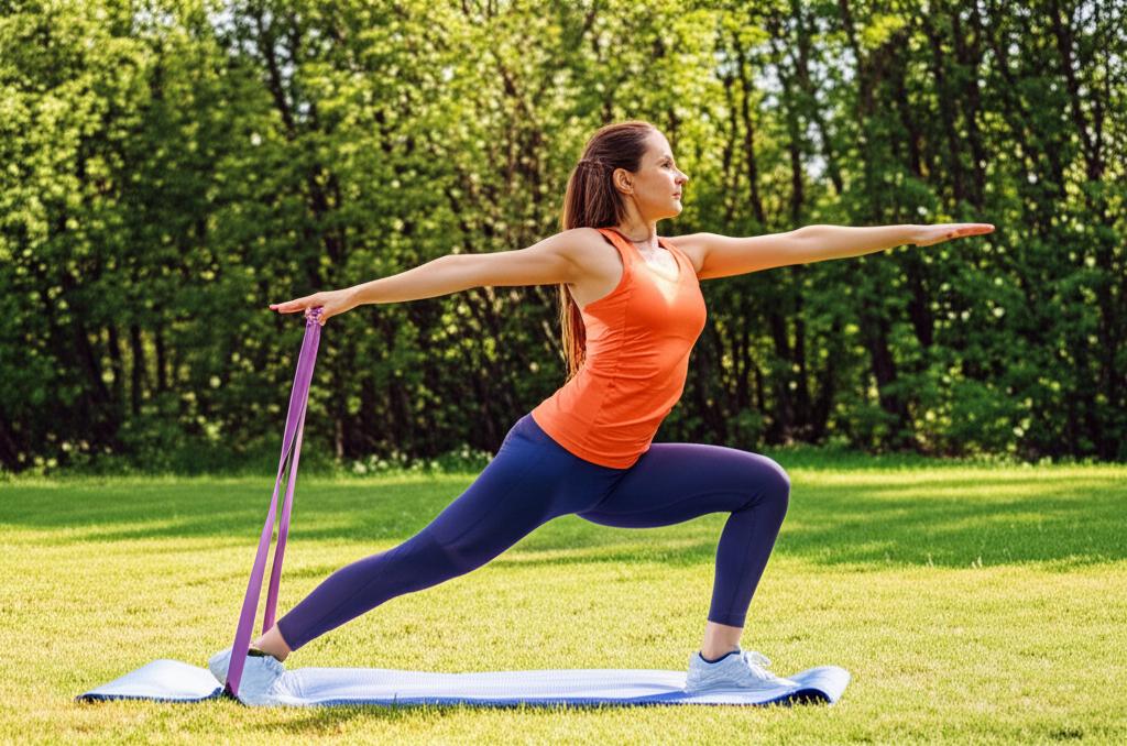 Mujer realizando ejercicio con banda elástica en postura de guerrero en un parque.