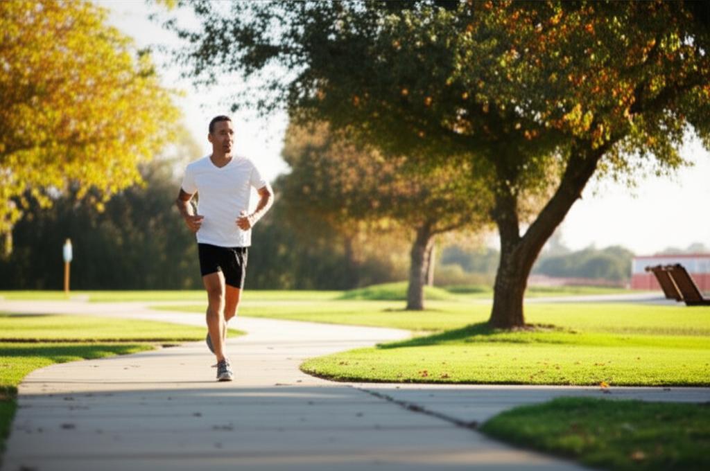 Hombre trotando en un parque soleado por la mañana, ideal para contenido sobre ejercicio, bienestar y nutrición.