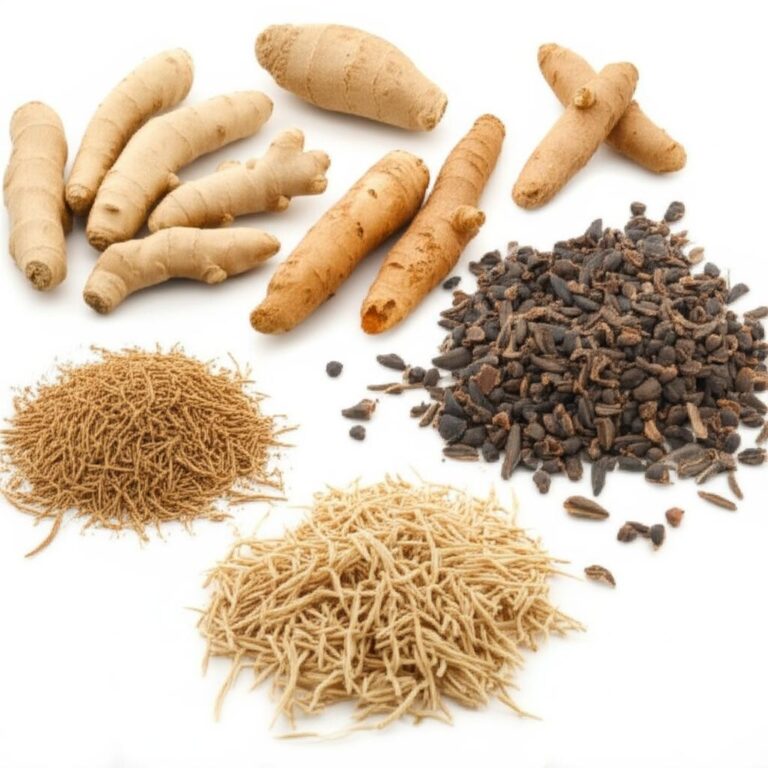Variedad de adaptógenos naturales: cúrcuma, ashwagandha y shatavari.