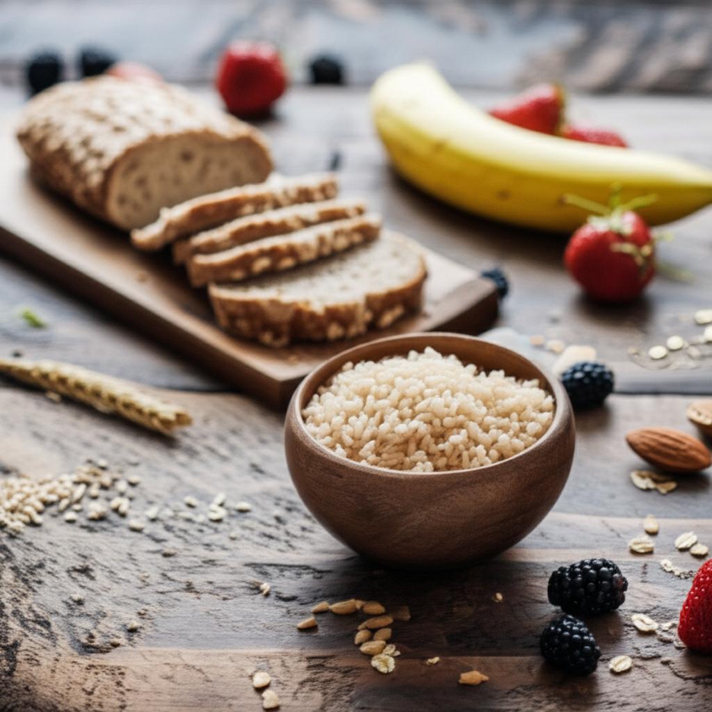 Variedad de carbohidratos saludables: pan integral, arroz integral, frutas y frutos secos