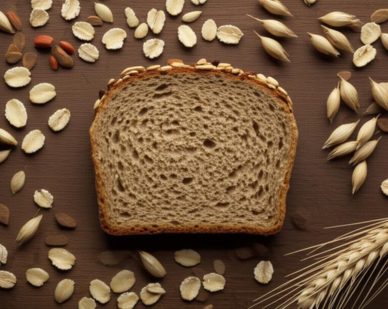 Rebanada de pan integral con semillas y granos de avena, espigas de trigo y frutos secos, representando carbohidratos.