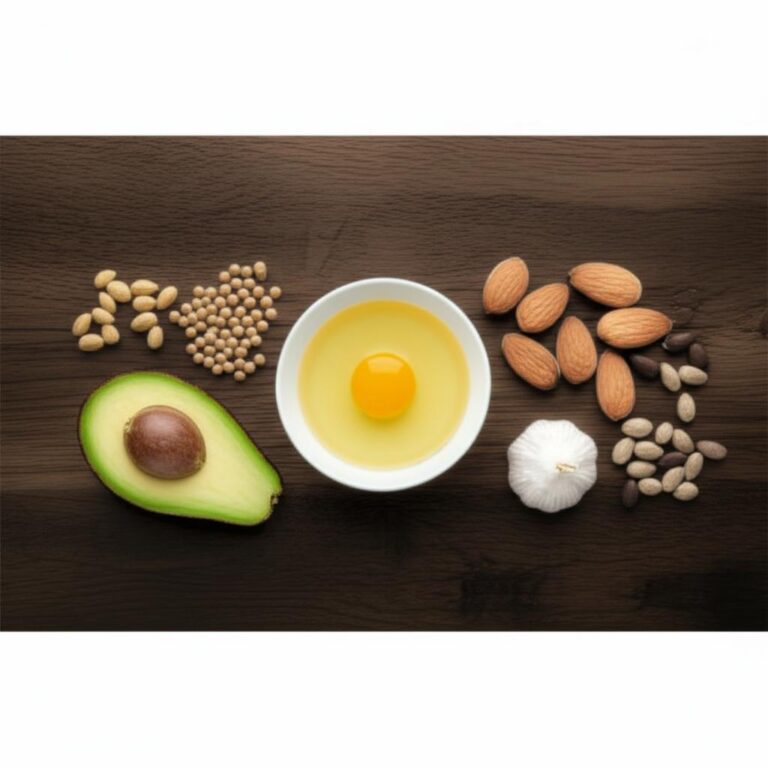 Alimentos de bajo índice glucémico: aguacate, huevo, almendras, ajo y legumbres.