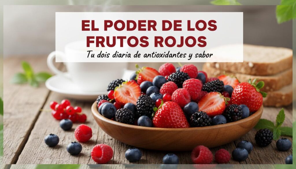 Cuenco de madera con surtido de frutos rojos frescos: fresas, arándanos, frambuesas y moras, dispersos sobre mesa de madera rústica. Taza y tostadas al fondo.