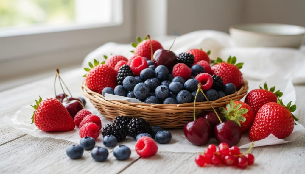 Cesta y mesa con arándanos, fresas, frambuesas, moras, cerezas y grosellas rojas frescas, destacando su valor nutricional y propiedades.