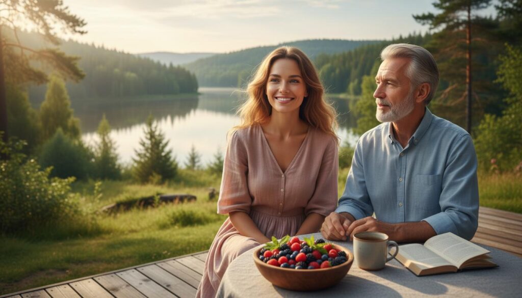 Pareja disfrutando un tazón de frutos rojos frescos al aire libre junto a un lago, simbolizando salud, bienestar y nutrición. Contiene arándanos, frambuesas y moras, promoviendo el poder antioxidante.