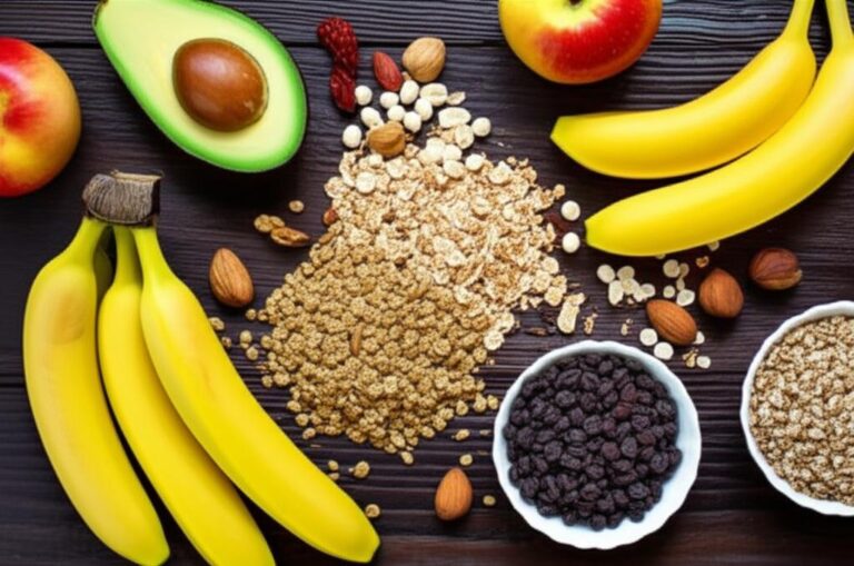 Variedad de alimentos ricos en fibra: avena, plátanos, aguacate, manzana, pasas y frutos secos.