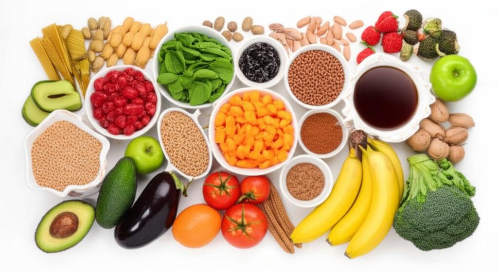 Ilustración colorida de alimentos con bajo, medio y alto índice glucémico, mostrando cómo afectan los niveles de azúcar en la sangre. Ideal para diabéticos y personas que buscan una alimentación saludable.