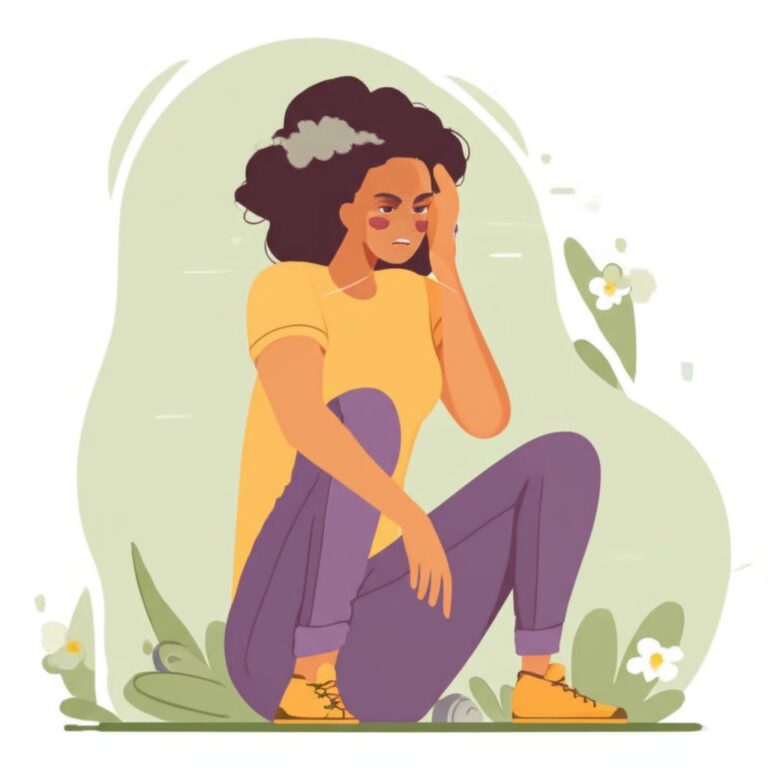 Ilustración de una mujer sentada que expresa irritabilidad o frustración, útil para contenido sobre nutrición y salud mental.