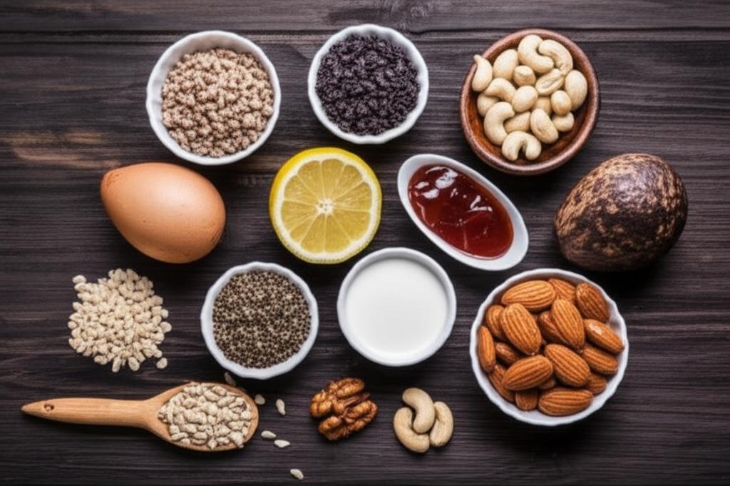 Ilustración colorida que representa fuentes alimenticias ricas en magnesio, como hojas verdes, nueces y semillas.