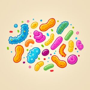 Ilustración de la diversidad de la microbiota intestinal con diferentes formas y colores de bacterias.