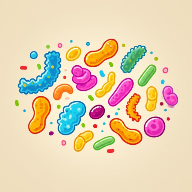 Ilustración de la diversidad de la microbiota intestinal con diferentes formas y colores de bacterias.