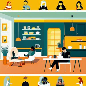 Personas conectadas digitalmente en un entorno hogareño, reflejando la ansiedad de perderse algo importante (FOMO).