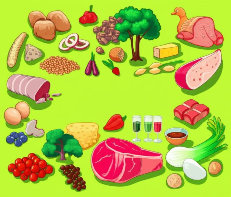 Ilustración de alimentos ricos en proteínas como carne, huevos, legumbres, lácteos y vegetales.