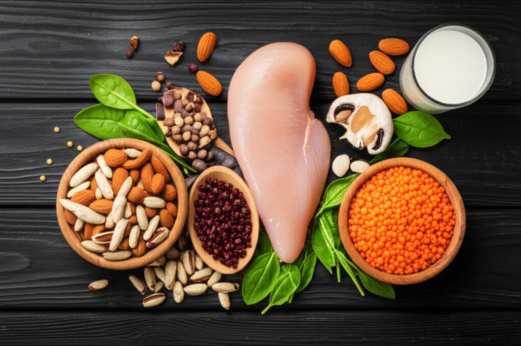 Ilustración sobre las proteínas, su estructura molecular y fuentes alimenticias.