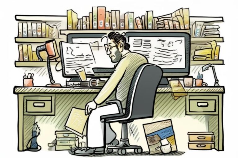 Ilustración de un hombre en su escritorio, reflejando la reducción de la eficacia profesional debido al burnout.