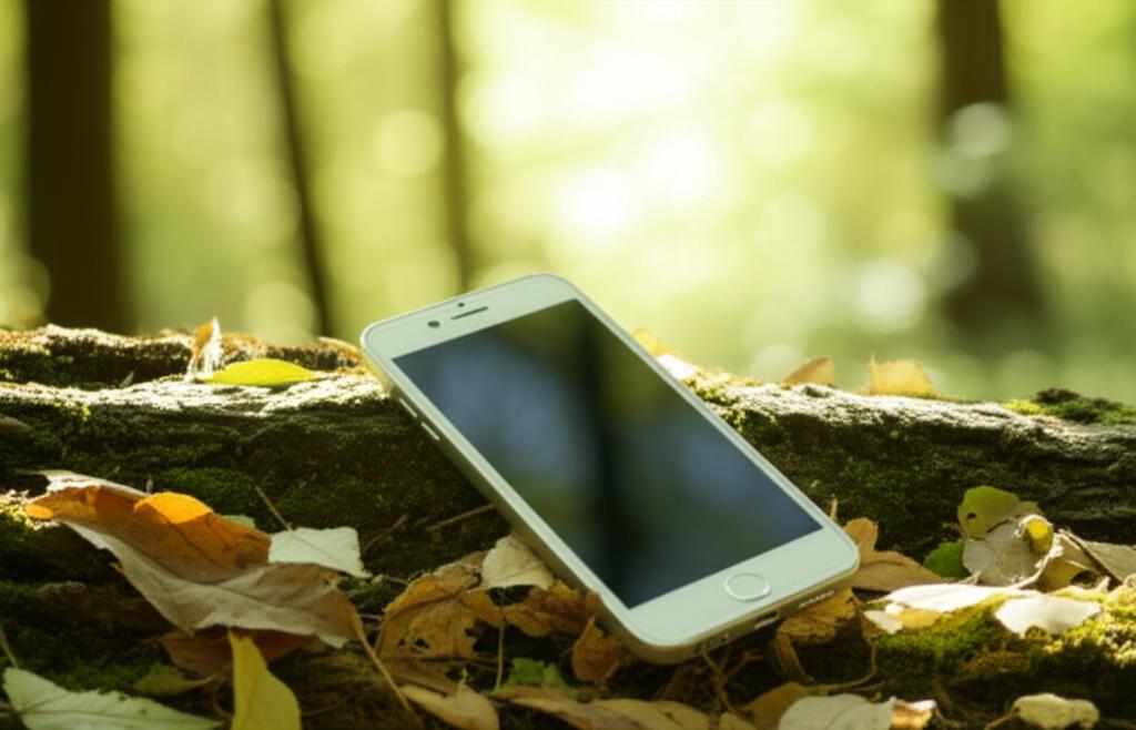 Teléfono móvil sobre un tronco cubierto de musgo y hojas secas en un entorno natural, simbolizando la desconexión digital.