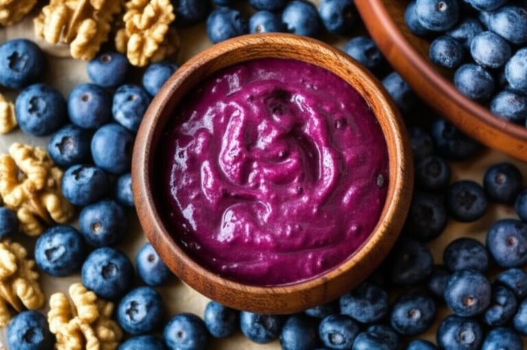 Bowl of acai berry smoothie surrounded by blueberries and walnuts