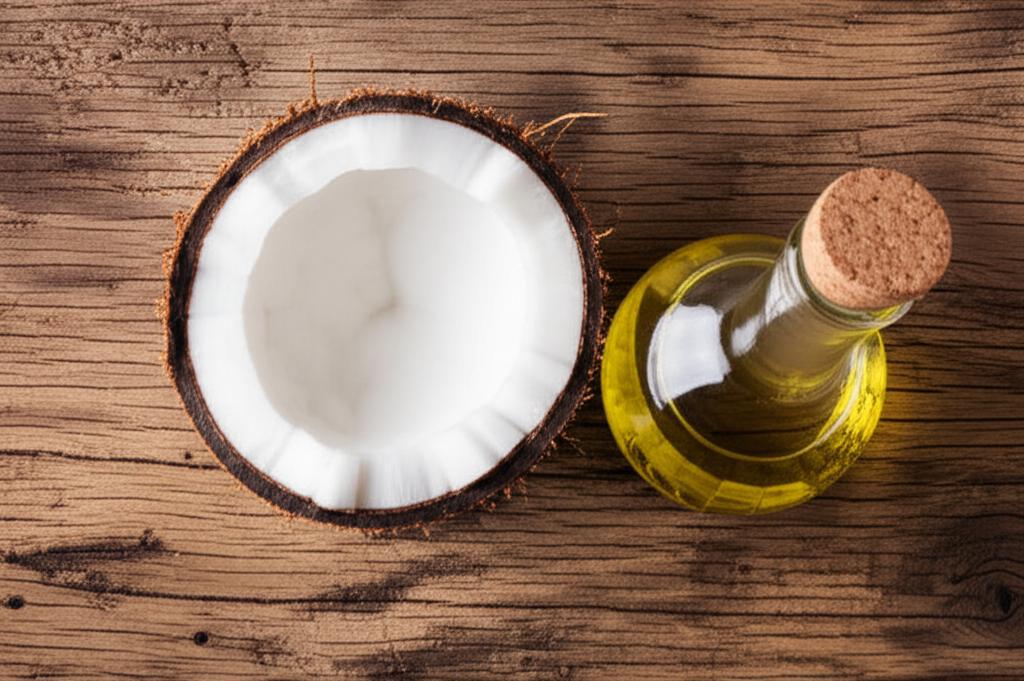 Imagen de un frasco de aceite de coco virgen extra junto a cocos frescos, resaltando sus propiedades naturales y beneficios para la salud.