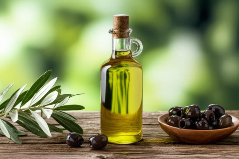 Botella de aceite de oliva virgen extra con aceitunas en un tazón de madera y hojas de olivo.