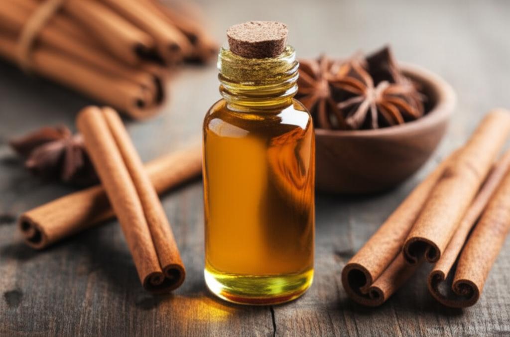 Botella de aceite esencial de canela sobre madera, rodeada de ramas de canela y anís estrellado, ilustrando un ingrediente nutricional.