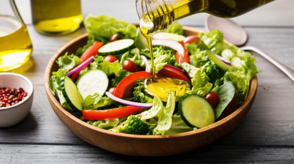 Botella de aceite de oliva vertiendo aceite sobre una ensalada verde con lechuga, tomate, pepino y pimiento en un cuenco de madera.