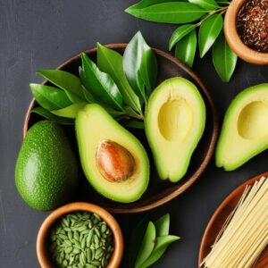 Imagen de aguacates frescos, hojas verdes y otros ingredientes alimenticios en cuencos de madera.