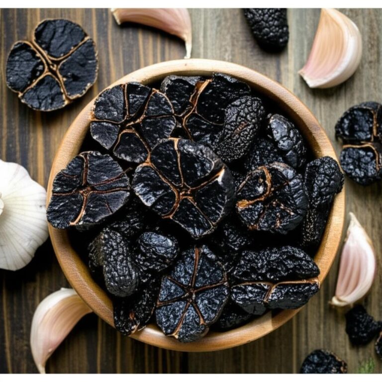 Ajo negro fermentado en un tazón de madera con dientes de ajo alrededor.