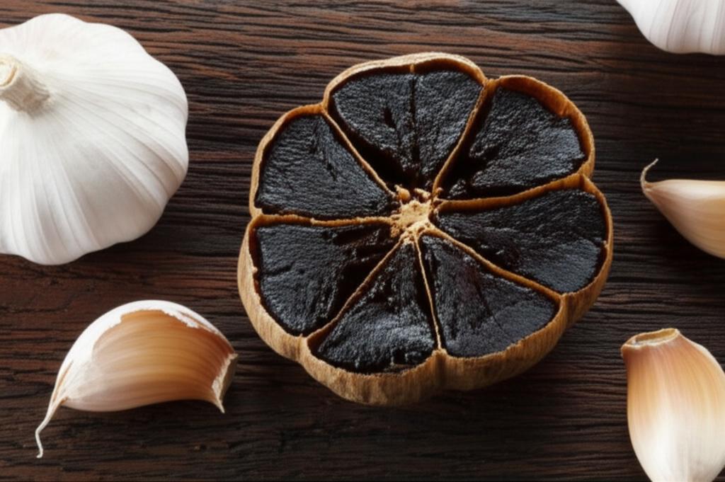 Ajo negro cortado mostrando su interior y dientes de ajo sobre madera oscura, para informacion nutricional