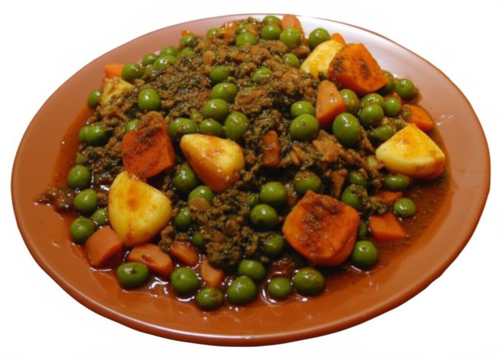 Guiso con albahaca seca, arvejas, patatas y zanahorias.