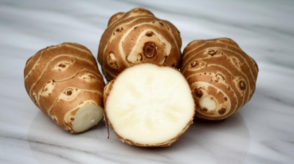 Mesa con Alcachofas de Jerusalén frescas, resaltando su potencial como alimento nutritivo y versátil en la cocina