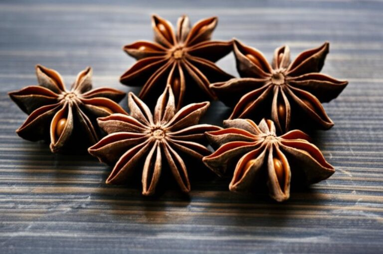 Fotografía de cinco anises estrellados sobre superficie de madera.