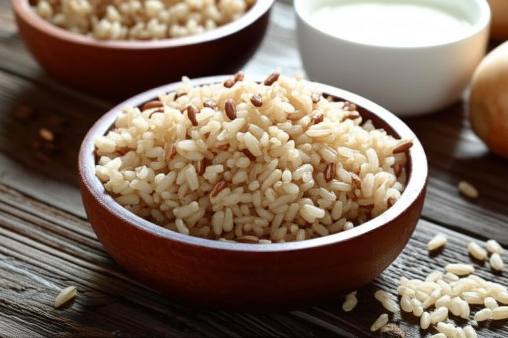 Tazón de arroz integral cocido sobre mesa de madera
