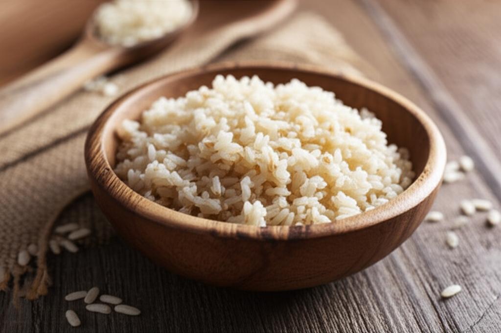 Arroz integral cocido en un tazón de madera, listo para servir.
