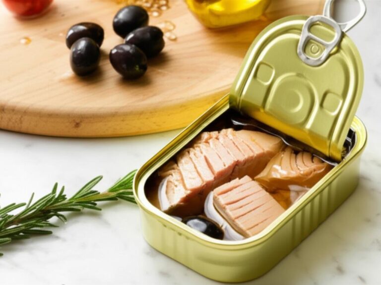 Lata de atún abierta con lomos de atún en aceite de oliva virgen extra, aceitunas negras y romero, destacando el producto para información nutricional.