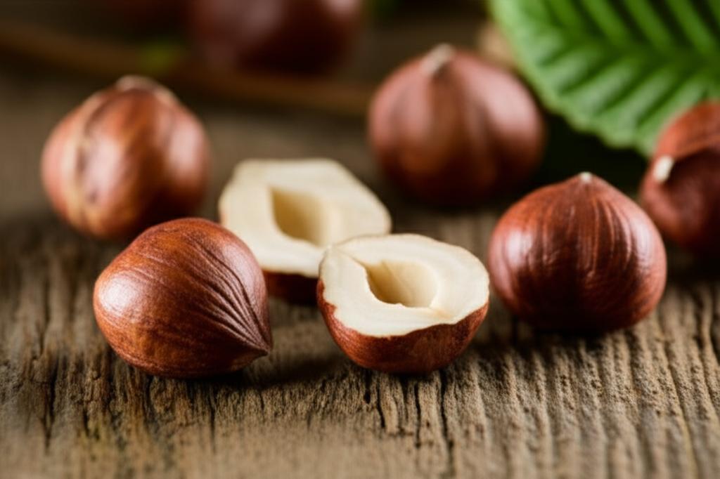 Deliciosas avellanas frescas esparcidas sobre una mesa de madera, resaltando su textura y valor nutricional.