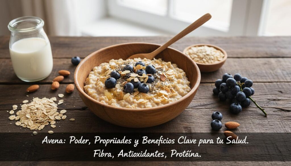 Tazón de avena con arándanos, semillas de chía y almendras, acompañado de leche y copos de avena. Desayuno saludable y nutritivo.