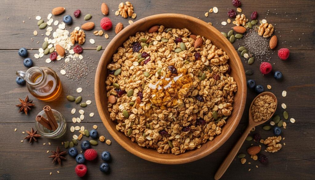 Granola casera con avena, frutos secos, semillas y bayas en un tazón de madera, ideal para un desayuno saludable.