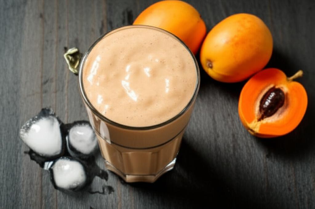 Vaso de batido de zapote con hielo y zapotes frescos, primer plano.