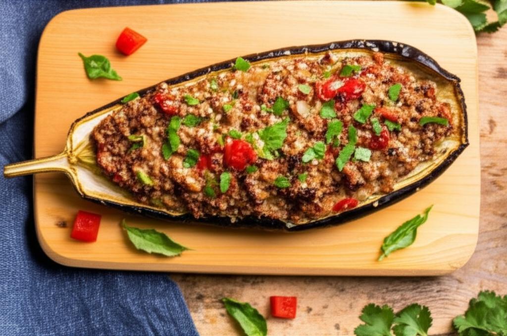 Berenjena rellena con carne, decorada con perejil y pimientos rojos sobre tabla de madera.