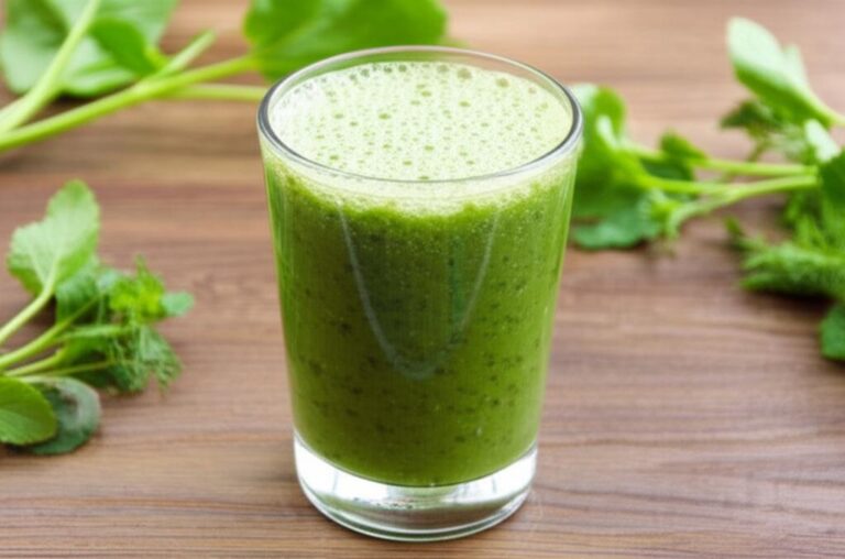 Vaso de licuado de berro fresco sobre mesa de madera con hojas de berro alrededor.