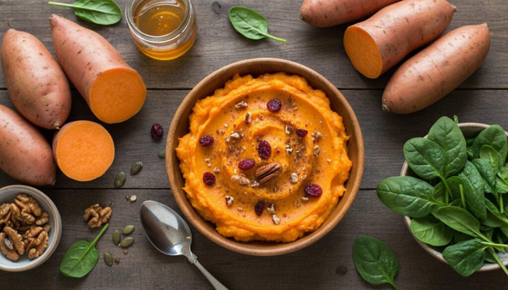 Puré de camote cremoso con arándanos y nueces pecanas, acompañado de camotes crudos, espinacas frescas y miel, ideal para recetas nutricionales.