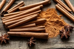 Imagen de canela en rama, canela en polvo y anís estrellado sobre una superficie de madera, ideal para ilustrar información nutricional y recetas con canela.