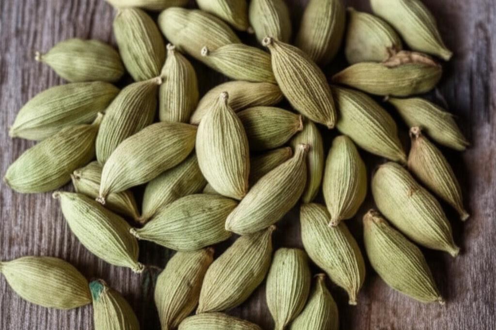Imagen de una mesa mostrando cardamomo fresco con sus vainas y semillas, resaltando su aroma y valor nutricional