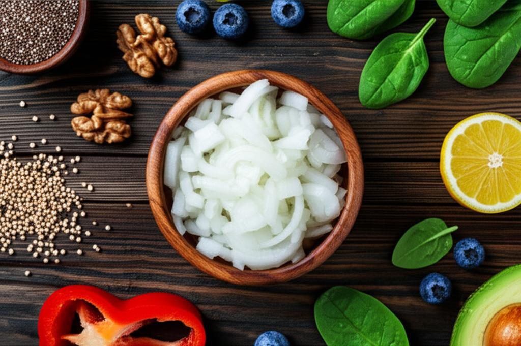 Imagen de una mesa mostrando Cebolla fresca mostrando su valor nutricional y versatilidad culinaria.