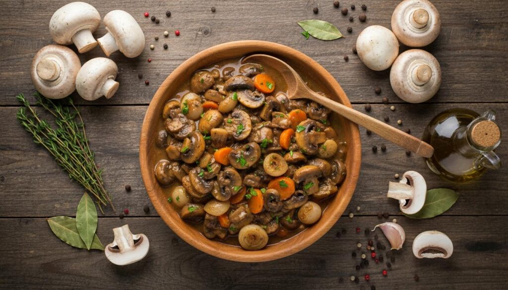 Guiso de champiñones con zanahorias y cebollas, rodeado de champiñones frescos, hierbas y especias.