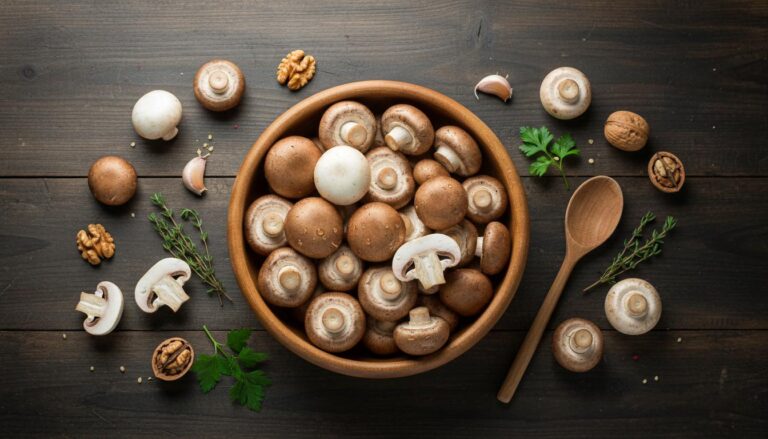 Champiñones frescos variados en cuenco de madera con ajo, nueces y hierbas aromáticas sobre tabla oscura