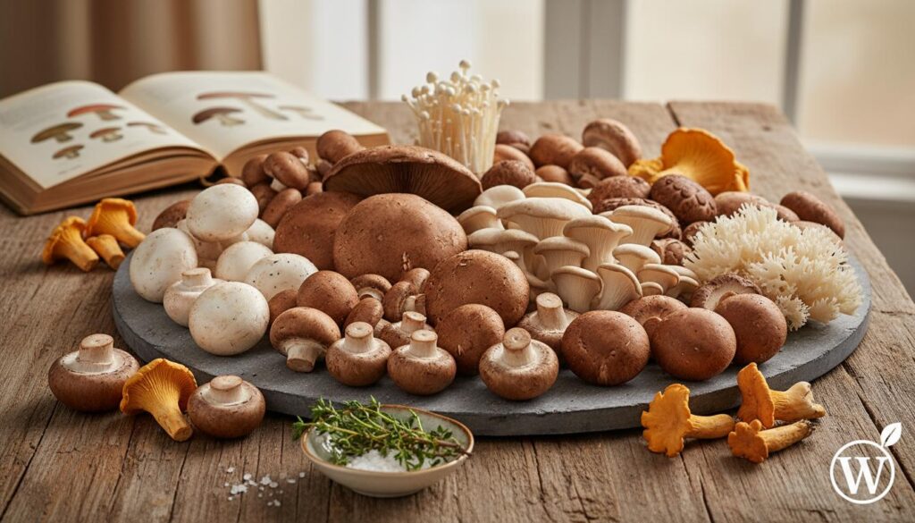 Variedad de champiñones y setas comestibles, incluyendo blancos, cremini, ostra, enoki y chanterelle, sobre una superficie de madera. Representa la diversidad de hongos para información nutricional.