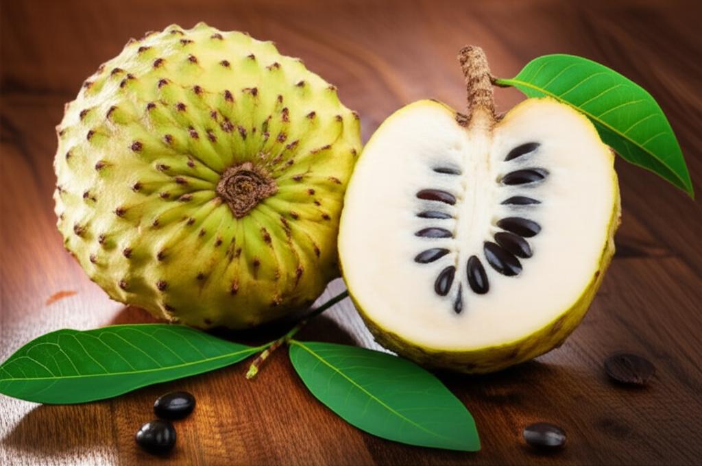 Imagen de una mesa mostrando Chirimoya fresco mostrando su valor nutricional.