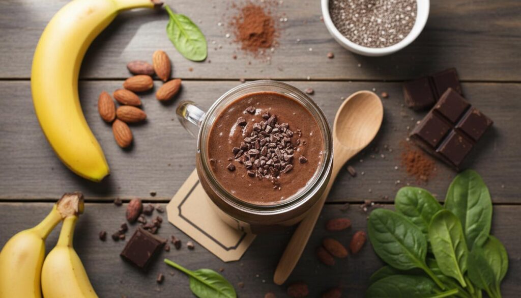 Batido cremoso de chocolate negro con trozos de cacao, acompañado de plátanos, almendras, espinacas y semillas de chía, sobre una mesa de madera oscura.