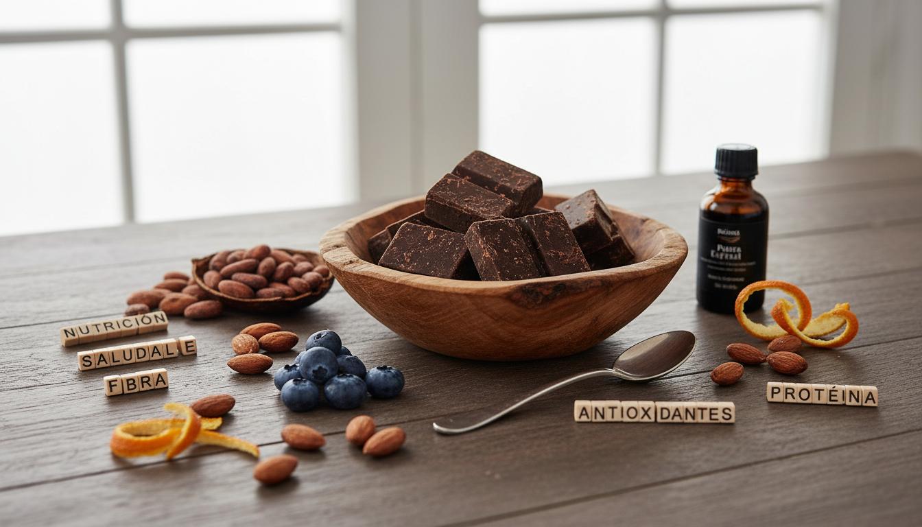 Barra de chocolate negro con alto porcentaje de cacao y granos de cacao crudos, destacando sus beneficios y valor nutricional.